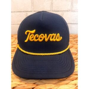 Tecovas Navy Blue Trucker Hat Yellow Script Logo Rope Snapback Mesh Cap Mens